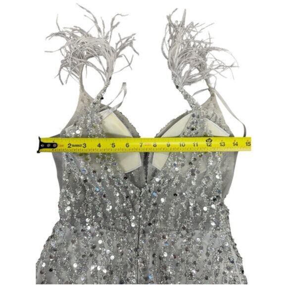 Gianni Bini GB Silver Sequin Feather Cocktail Dress Illusion V Neck - Picture 14 of 15